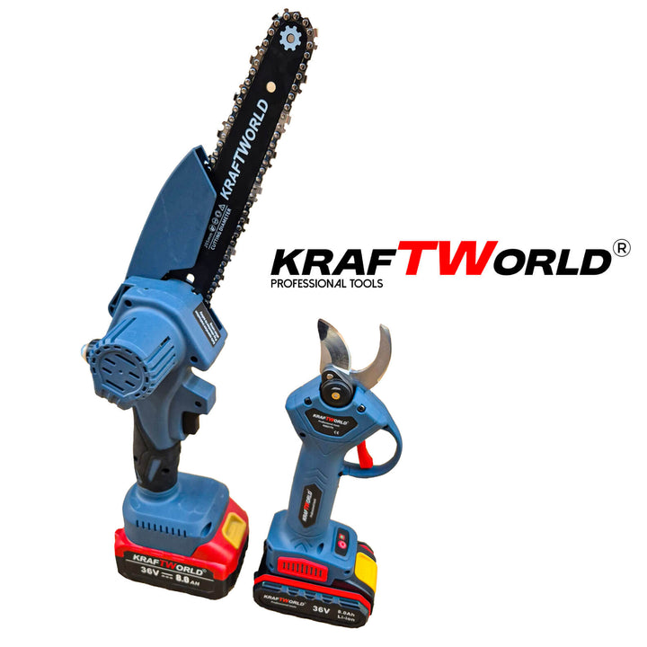 Комплект: Мини Резачка и Лозарска Ножица KraftWorld 36V 8A с 4бр батерии