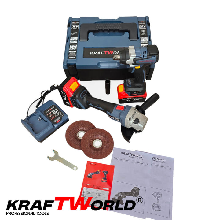 Комплект Акумулаторен Гайковерт и Ъглошлайф 125мм Kraftworld 36V 8Ah