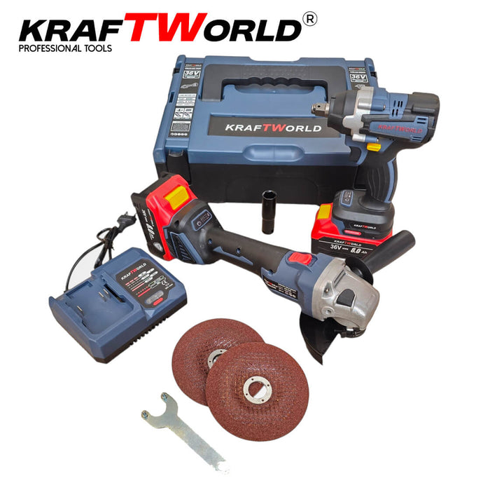 Комплект Акумулаторен Гайковерт и Ъглошлайф 125мм Kraftworld 36V 8Ah